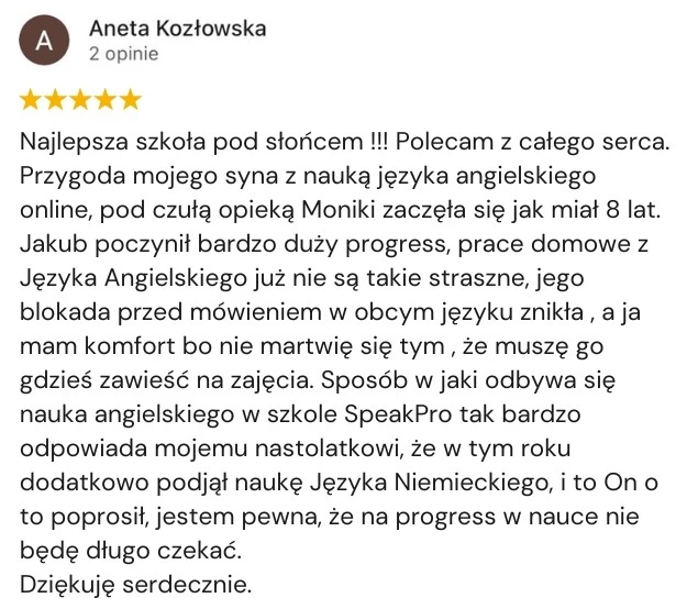 Opinia klienta Google